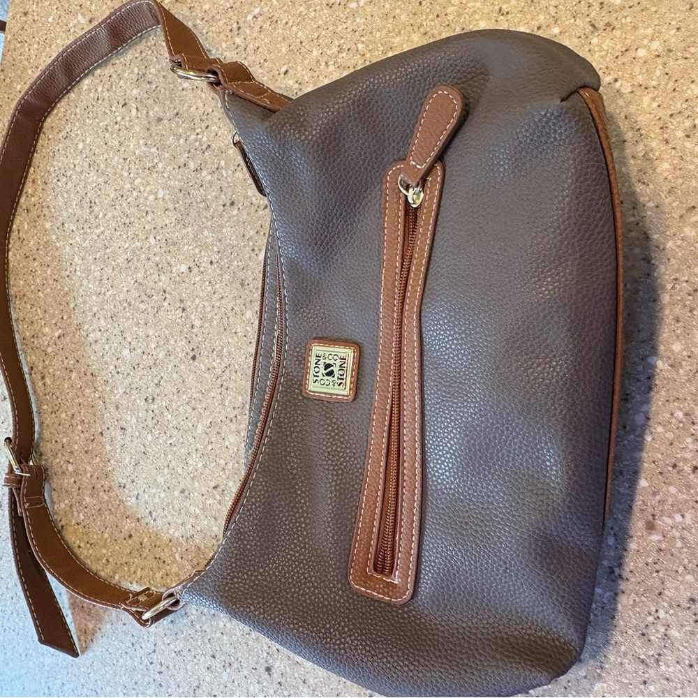 Stone Mountain Co Brown Pebble Leather Shoulder Bag with Tan Trim